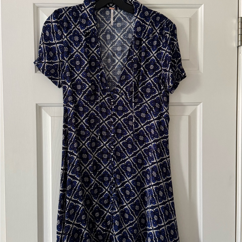 Free People Navy Blue Melody V-Neck Midi Dress/ Tunic 21 button down front